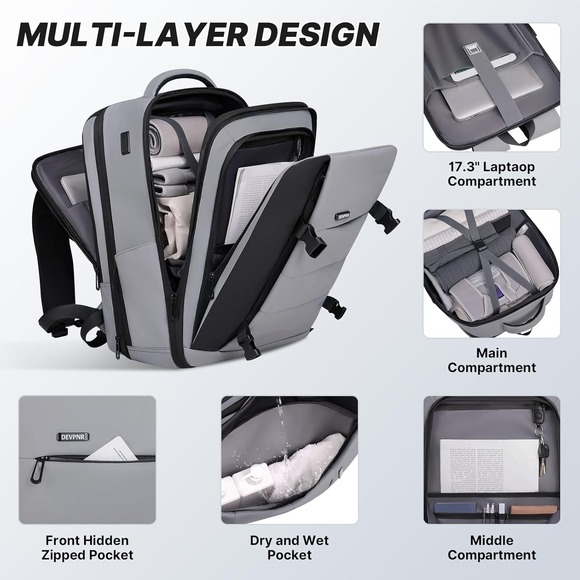 DEVPNR Expandable Laptop Backpack 41L USB Port Airline Approved Travel Bag 17.3" - Picture 8 of 12